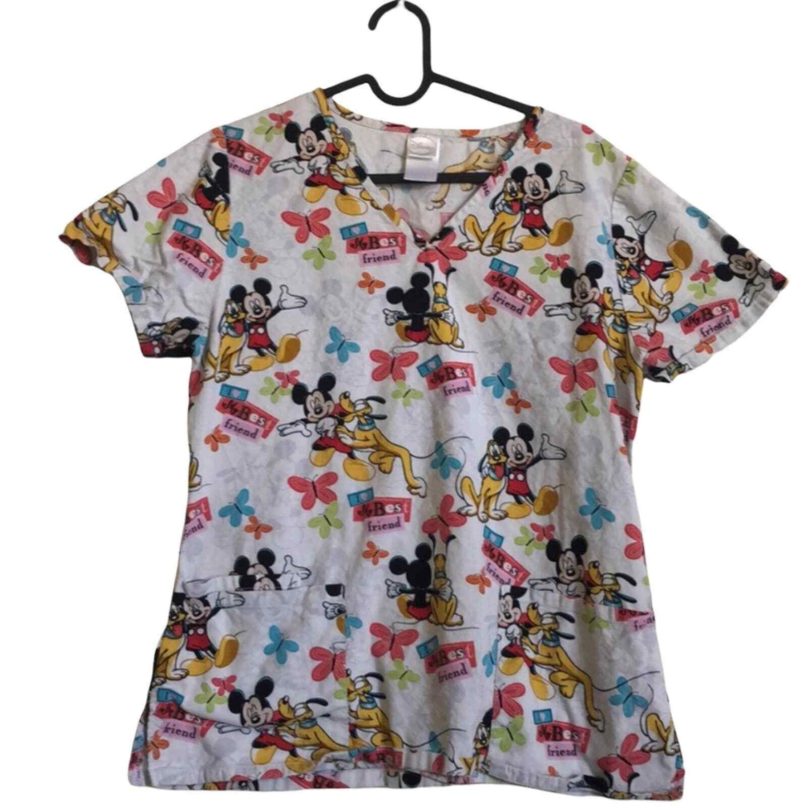 Disney Mickey Mouse Pluto I Best Friends Scrub Top Women's Size M Scrubs
